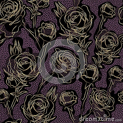 Dark colored floral pattern. Golden contours of rose flowers on spotted purple and black background. Vector Illustration
