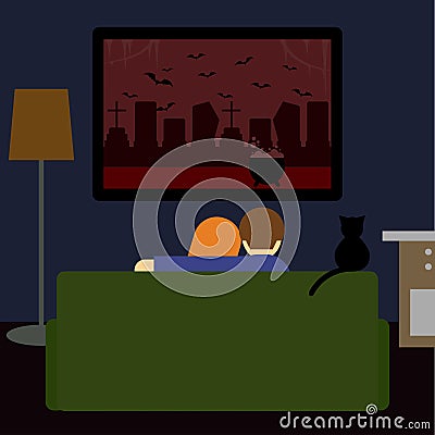 Dark colored illustration in flat style with couple and black cat watching the scary film on television sitting on couch in room Vector Illustration