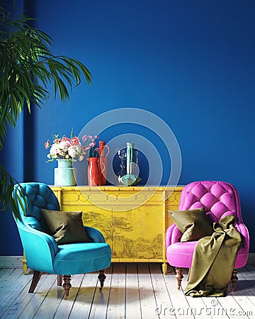 Dark colorful home interior with retro furniture, Mexican style living room Stock Photo