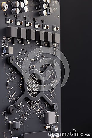 Dark Computer Motherboard. Electronic hardware technology Stock Photo