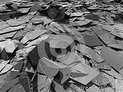 Dark concrete destruction surface with many chaotic broken piece Cartoon Illustration