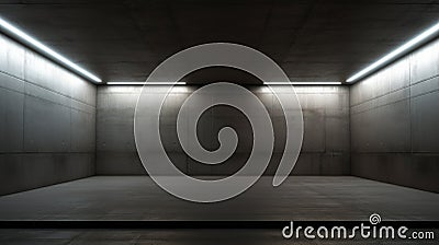Dark concrete room background, empty underground warehouse with low light. Abstract modern hall like garage with gray walls. Stock Photo