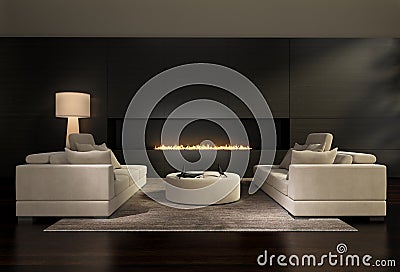 Dark contemporary interior, a living room with a flat gas fireplace Stock Photo