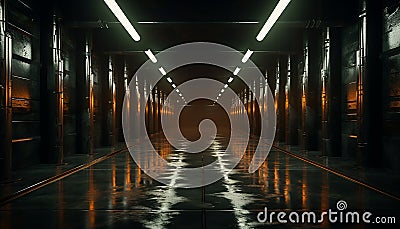 Dark corridor inside a futuristic factory, spooky and empty generated by AI Stock Photo