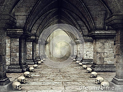 Dark corridor with skulls Stock Photo