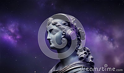 Dark cosmos background with Marble head statue of an ancient Greek god athena with headphones. Generative AI Cartoon Illustration