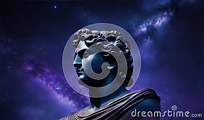 Dark cosmos galaxy background with head statue of greek god apollo. Generative AI Cartoon Illustration
