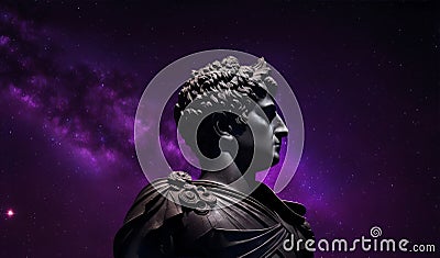 Dark cosmos galaxy background with head statue of julius ceasar. Generative AI Cartoon Illustration