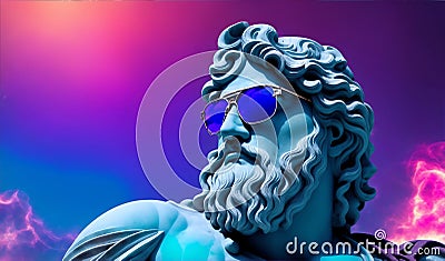 Dark cosmos with head statue of an Greek god zeus with colorful sunglasses. Generative AI Cartoon Illustration