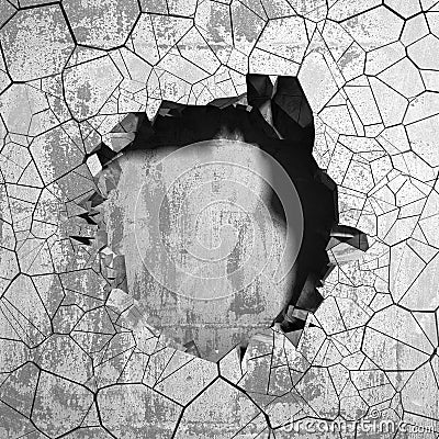 Dark cracked broken hole in concrete wall. Grunge background Cartoon Illustration