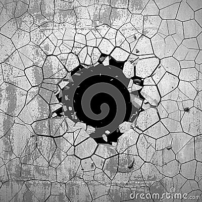 Dark cracked broken hole in concrete wall. Grunge background Cartoon Illustration