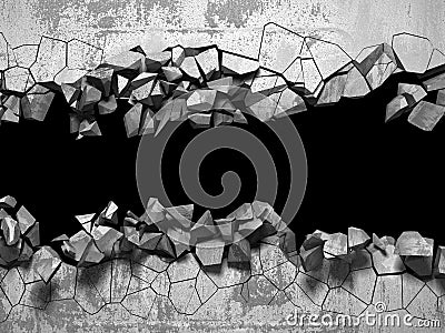 Dark cracked broken hole in concrete wall. Grunge background Cartoon Illustration