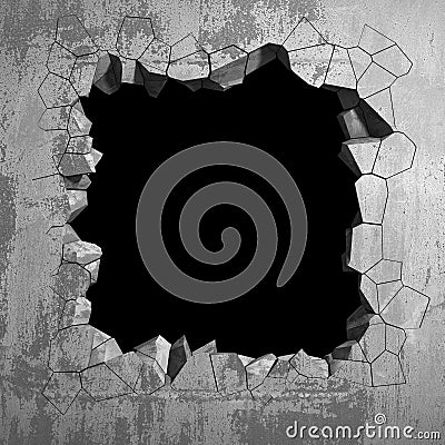 Dark cracked broken hole in concrete wall. Grunge background Cartoon Illustration