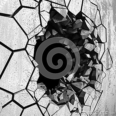 Dark cracked broken hole in concrete wall. Grunge background Cartoon Illustration