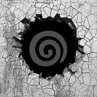 Dark cracked broken hole in concrete wall. Grunge background Cartoon Illustration