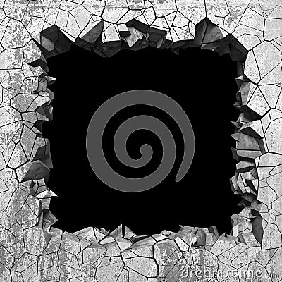 Dark cracked broken hole in concrete wall. Grunge background Cartoon Illustration