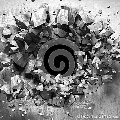 Dark cracked broken hole in concrete wall. Grunge background Cartoon Illustration