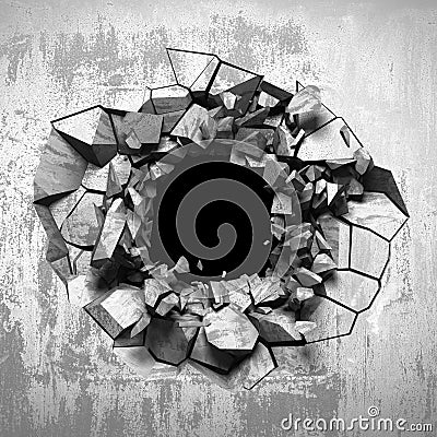 Dark cracked broken hole in concrete wall. Grunge background Cartoon Illustration