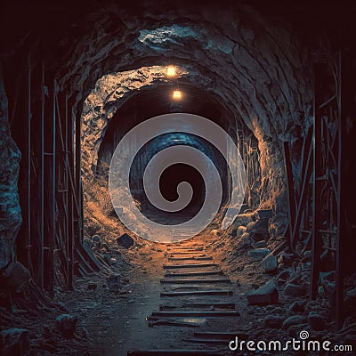 Dark creepy tunnel in an abandoned mine with rusty rail tracks leading into the unknown. Generative AI illustration Cartoon Illustration