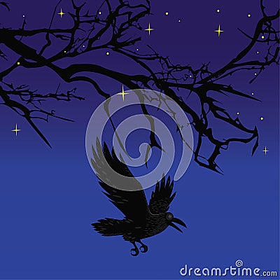 Dark crow bird flying over scary halloween night tree vector Vector Illustration