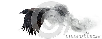 Dark crow flying from smoke isolated on white Stock Photo