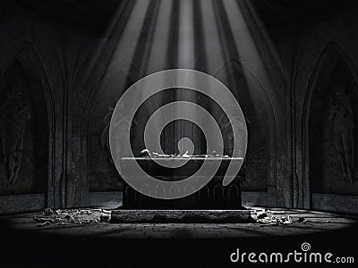 Dark crypt with a creepy altar Stock Photo