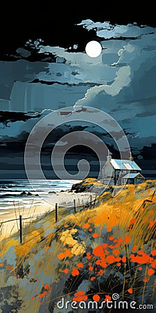 Dark Cyan Beach House Painting By Mrstr811 - Stormy Seascapes And Foreboding Landscapes Stock Photo