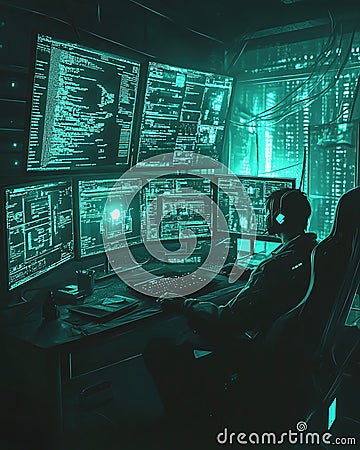 A dark cyberpunk-inspired room with a hacker working on multiple monitors, Stock Photo