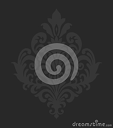 Dark damask floral pattern with intricate swirls on a black background, displaying elegant symmetrical design elements. Vector Illustration