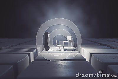 Dark desktop with computer workplace on keyboard keys. Digital transformation and remote work concept. Stock Photo