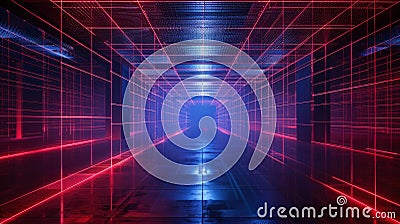 Dark digital room background, empty futuristic space with red and blue wireframe lines, perspective view. Concept of future, grid Stock Photo