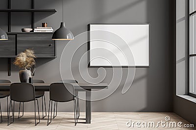 Dark dining room interior with empty white poster, six chairs Stock Photo