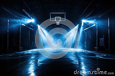 dark and dramatic high school basketball court, basketball hoop, blue smoke Stock Photo