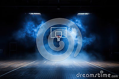 dark and dramatic high school basketball court, basketball hoop, blue smoke Stock Photo