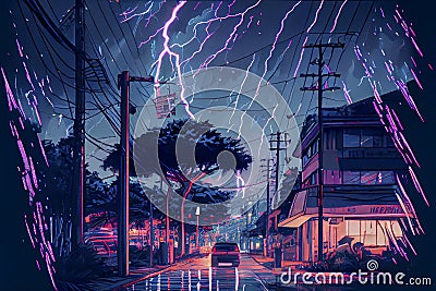 Dark dramatic stormy night sky with lightning bolts over city under rain. AI illustration Cartoon Illustration