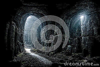 Dark dungeon catacomb underground tunnel spectacular halloween 3D illustration Cartoon Illustration