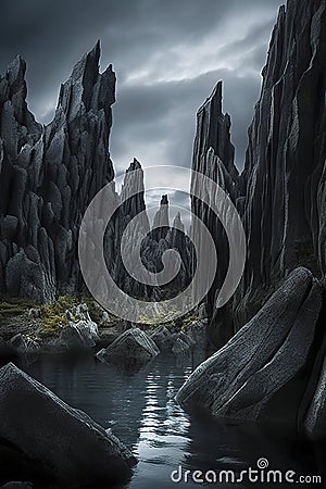 A dark and eerie landscape features jagged rocks and a still body of water, under a cloudy sky, creating an ominous mood, ai Stock Photo