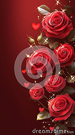 Dark elegance Red roses and hearts on a dark brown background Stock Photo