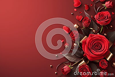 Dark elegance Red roses and hearts on a dark brown background Stock Photo