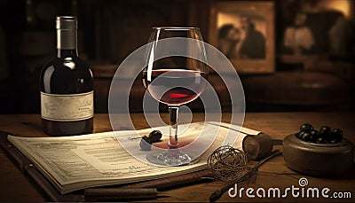 Dark elegance wine bottle, glass, and old fashioned book on table generated by AI Stock Photo