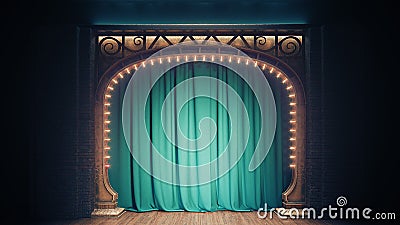 Dark empty cabaret or comedy club stage with green curtain and art nuovo arch. 3d render Stock Photo