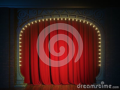 Dark empty cabaret or comedy club stage with red curtain and art nuovo arch. 3d render Stock Photo