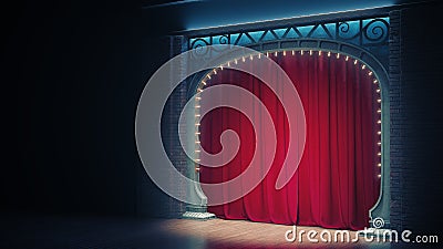 Dark empty cabaret or comedy club stage with red curtain and art nuovo arch. 3d render Stock Photo