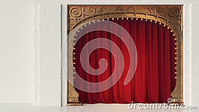 Dark empty cabaret or comedy club stage with red curtain and art nuovo arch. 3d render Stock Photo
