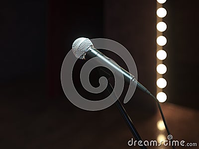 Dark empty stage with microphone. 3d render Cartoon Illustration
