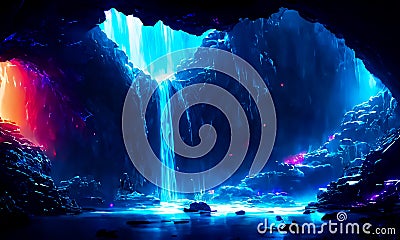 A dark enchanting colourful underground cave with waterfall and dark flashes of sizzling light Stock Photo