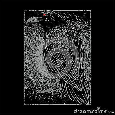 Dark evil raven for halloween theme tattoo and t-shirt design. Vintage crow symbol of gothic, halloween, fear. Hunter bird. Great Vector Illustration