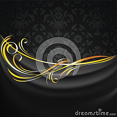 Dark fabric drapes on black ornamental background Vector Illustration