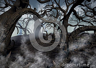 A dark fantasy forest full of mist. Stock Photo