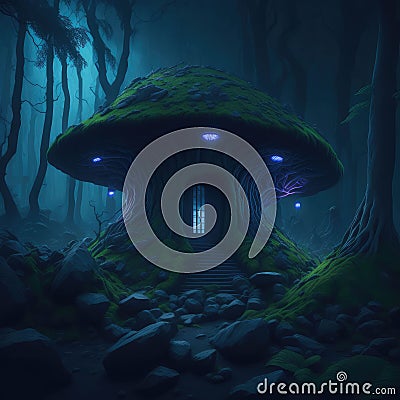 Dark Fantasy Forest Night With Glowing Neon Lights And Old Stone Mossy Structure Mushroom Pixie Fairytale Generative Ai Stock Photo